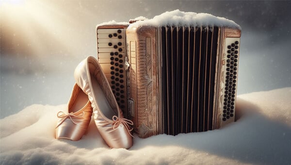 image d'un accordéon et de chaussons de danse dans la neige